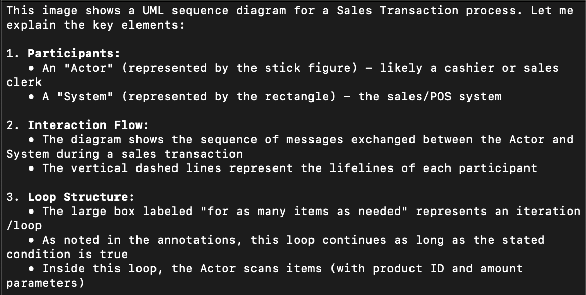 A text explanation of a UML sequence diagram for a Sales Transaction process. The text describes three main components: 1) Participants including an Actor (represented by a stick figure) and a System (represented by a rectangle), 2) Interaction Flow showing message exchanges and lifelines represented by vertical dashed lines, and 3) Loop Structure with a box labeled 'for as many items as needed' representing an iteration where the Actor scans items with product ID and amount parameters.