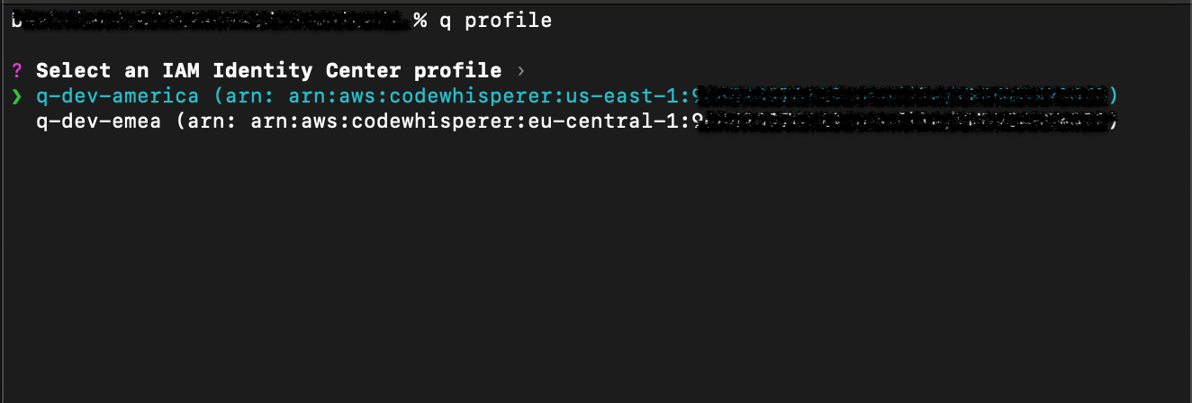 A terminal screenshot showing a prompt to select an IAM Identity Center profile. Two options are displayed: "q-dev-america" with an ARN in the us-east-1 region, and "q-dev-emea" with an ARN in the eu-central-1 region. The command being executed is "% q profile".