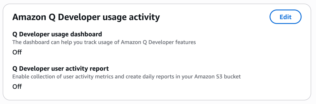 Amazon Q Developer's usage activity panel. It displays the "Q Developer user activity report" setting is off.