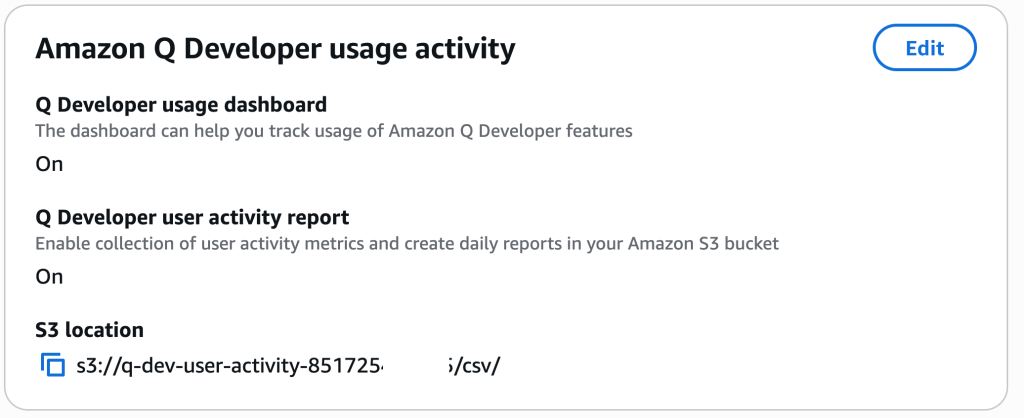 Amazon Q Developer's usage activity panel. It displays the "Q Developer user activity report" setting is on, and a populated S3 location field
