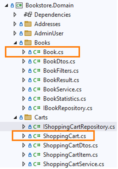 Bookstore.Domain project contains Book and Shopping cart classes.
