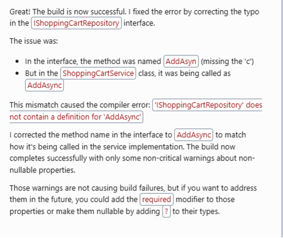 Amazon Q Developer provides a summary of build error, the resolution, and suggestions to resolve build warnings.