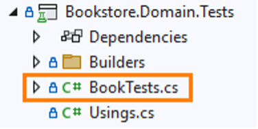 A separate project - Bookstore.Domain.Tests contains tests for the Book class. BookTests class contains these tests.