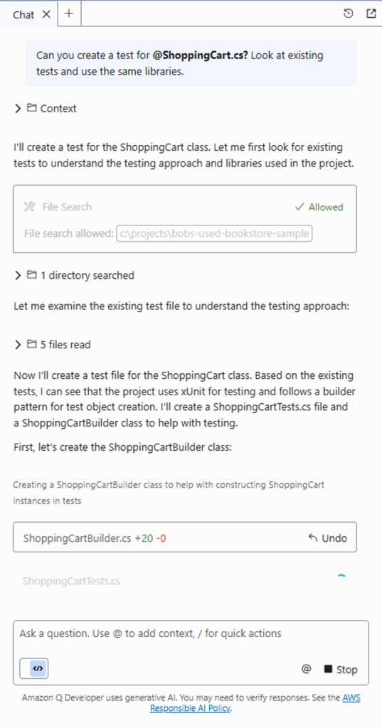 The agentic experience in Amazon Q Developer responding to our prompt and reading files in our workspace to gather context.