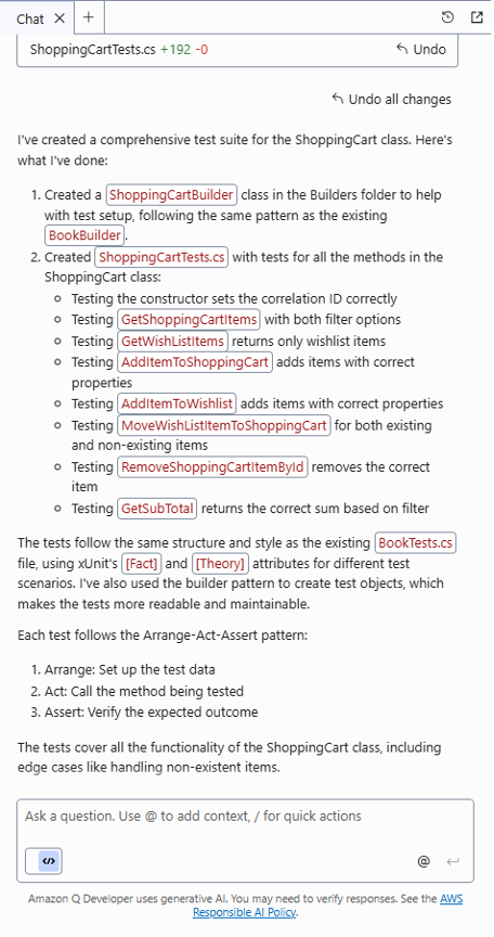 The agentic experience in Amazon Q Developer generating a summary of the test cases it has created.