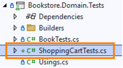 New file - ShoppingCartTests.cs contains the tests for ShoppingCart. Following the existing pattern in our code, Q Developer creates this file in the Bookstore.Domain.Tests project.