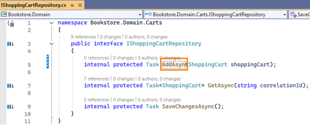 Spelling mistake in the name of a method. It is called AddAsyn instead of AddAsync.
