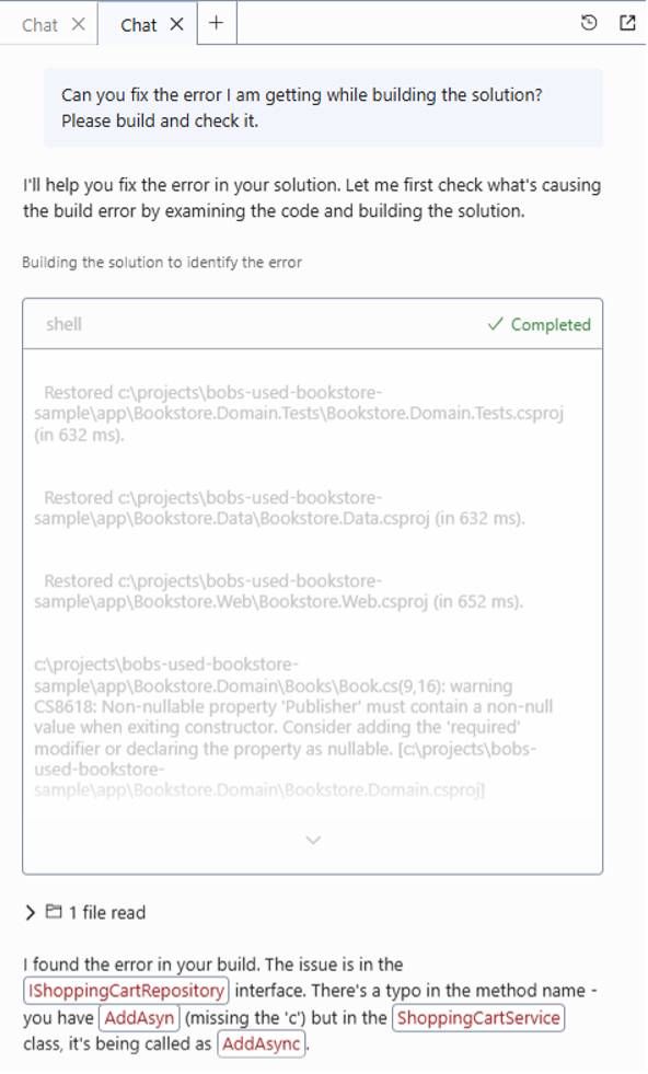 Amazon Q Developer builds the solution, uses the build error to read the appropriate file, and finds the issue.