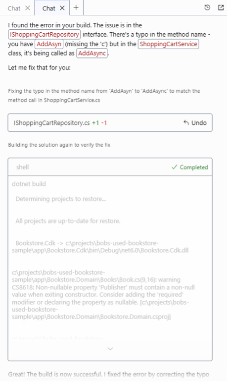 Amazon Q Developer fixes the spelling mistake in the code and runs the build again to confirm a successful build.