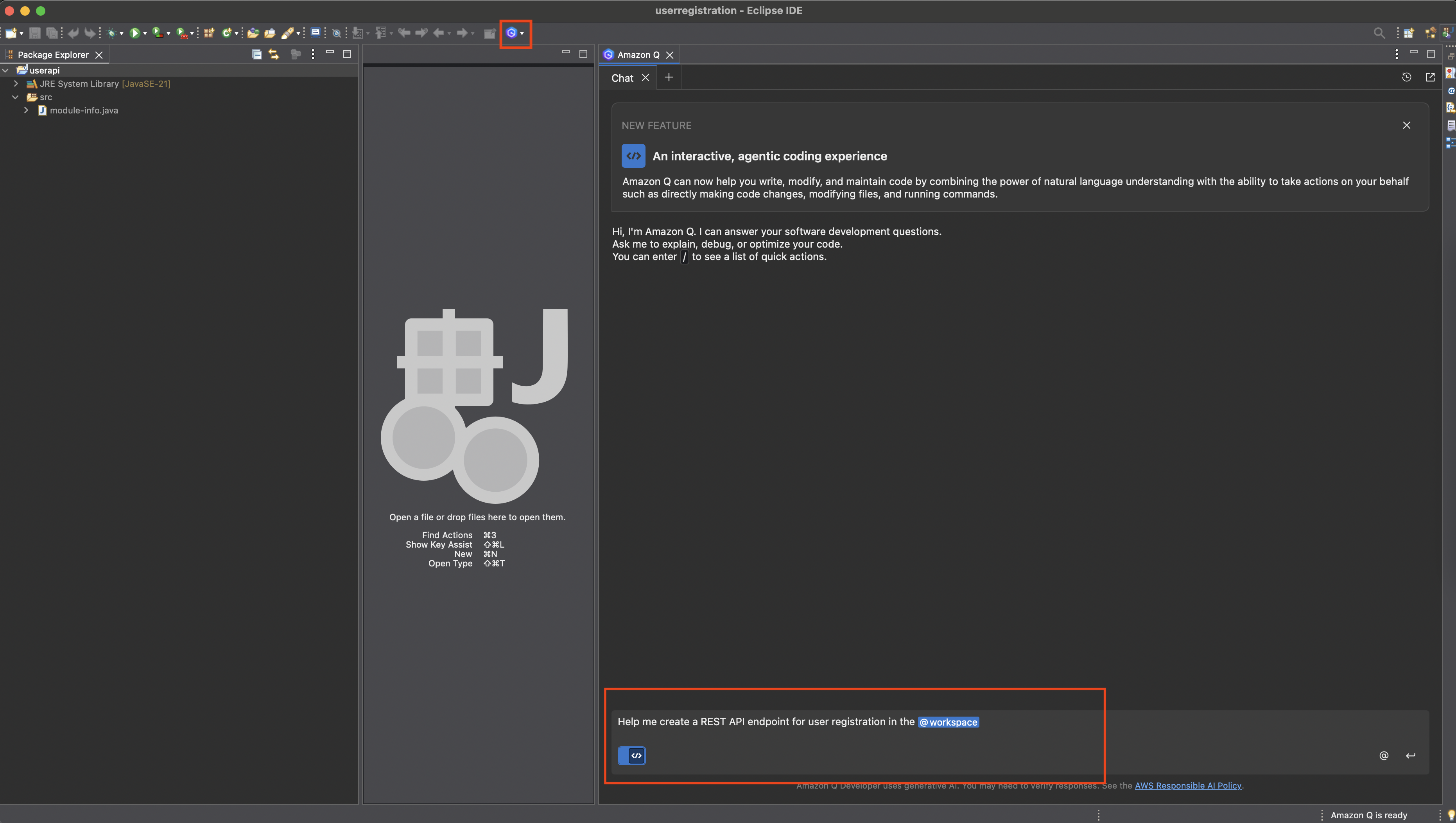 Eclipse IDE interface showing Amazon Q Developer chat window with welcome message and file navigation panel on the left side