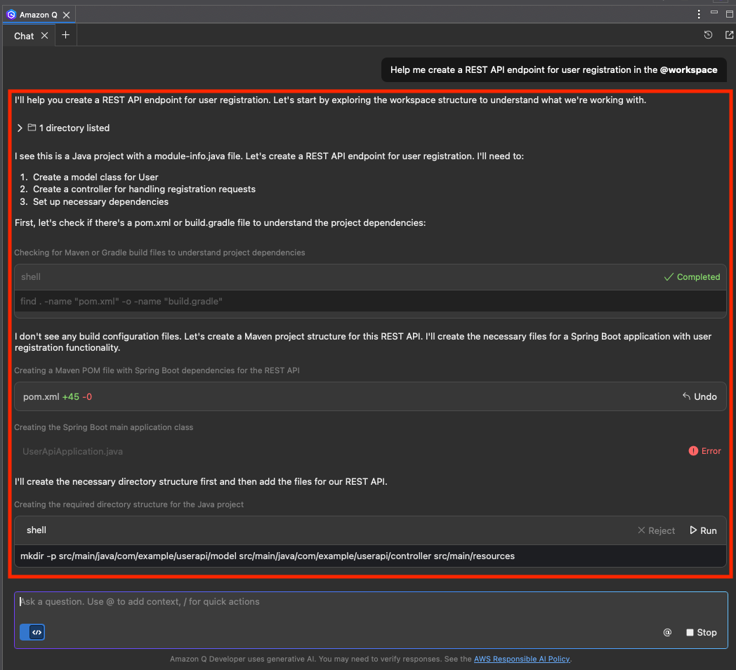 Amazon Q Developer conversation interface showing step-by-step guidance for creating a REST API endpoint, including project structure analysis and Maven configuration setup