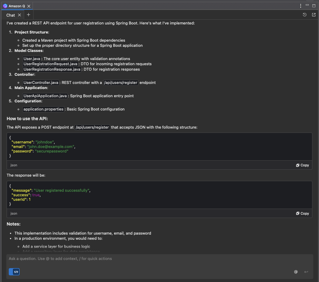 Detailed summary screen showing the complete implementation of a REST API endpoint, including project structure, model classes, controller configuration, and JSON request/response examples