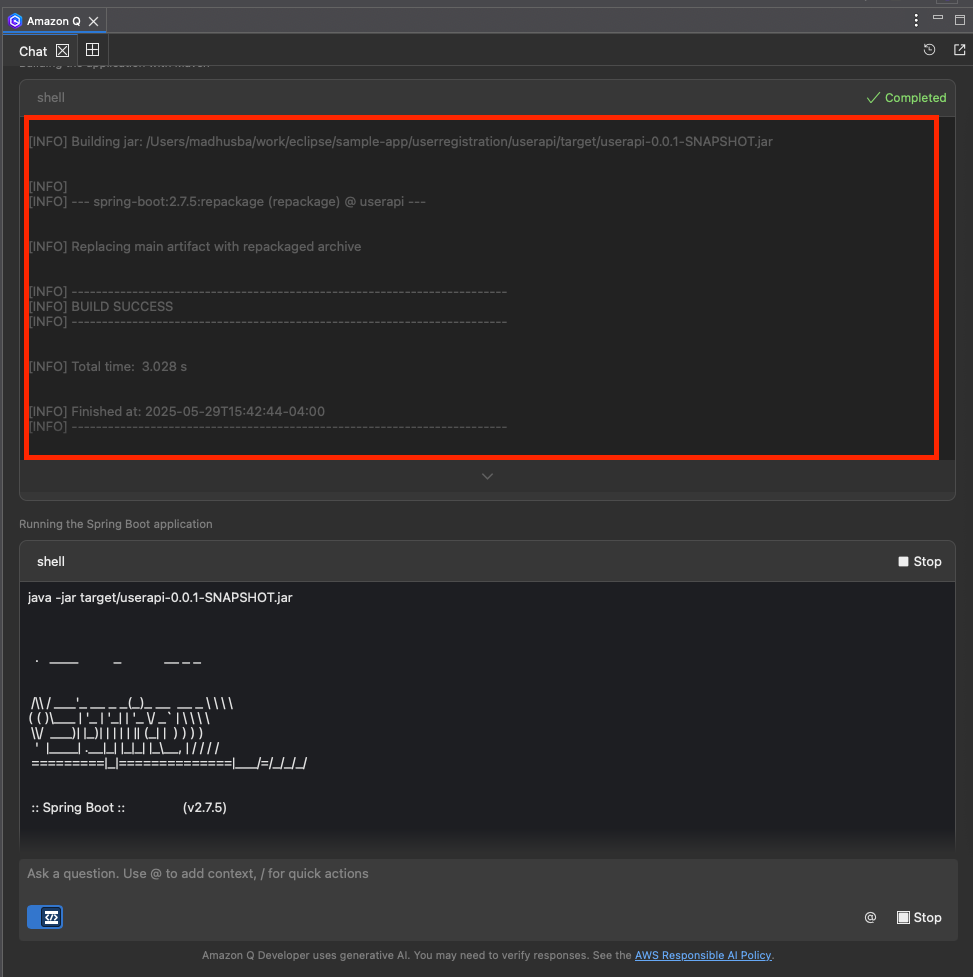 Terminal output showing successful Spring Boot application build and succesful startup with Maven build logs 