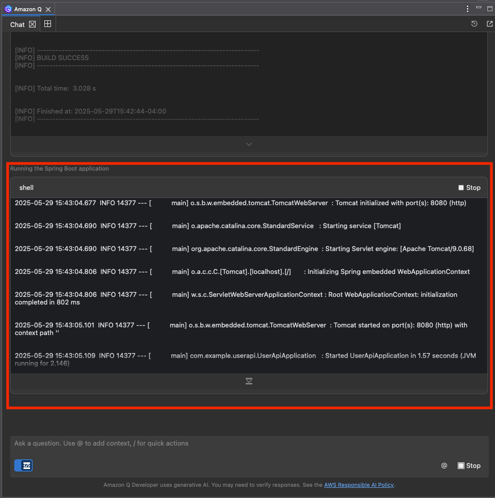 Console output showing successful Spring Boot application startup logs with Tomcat server initialization, displaying timestamps and INFO messages indicating the application started on port 8080 with a total startup time of 1.57 seconds.
