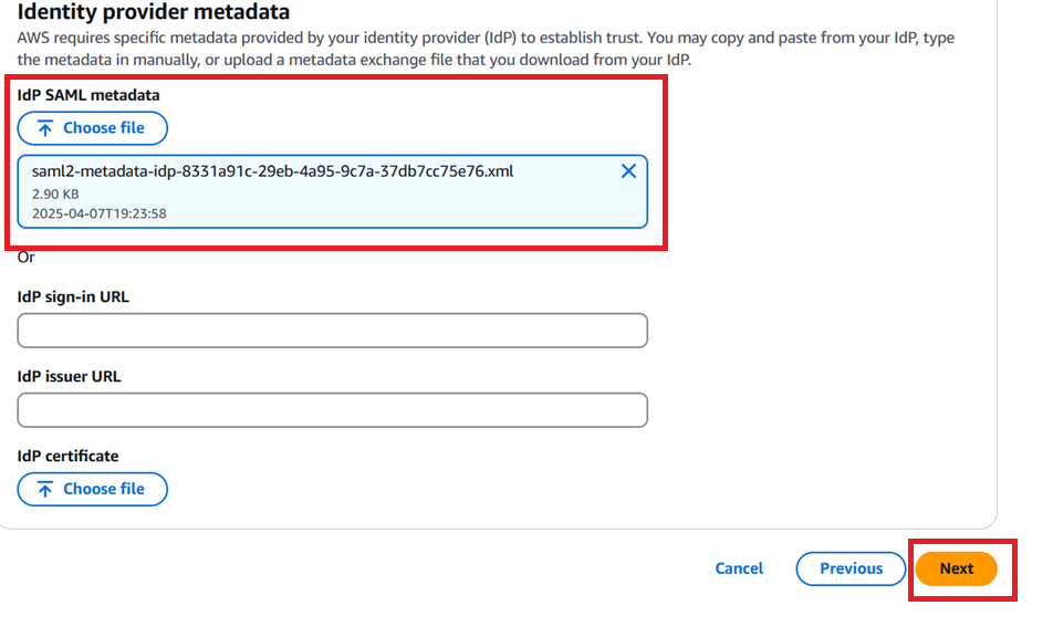 Screenshot of the AWS Identity Center configuration screen where the user uploads the IdP SAML metadata XML file. The metadata file is shown as successfully selected. Below are empty fields for optional manual entry of IdP sign-in URL, IdP issuer URL, and IdP certificate. The "Next" button is highlighted in orange at the bottom right, indicating the next step in the setup process.