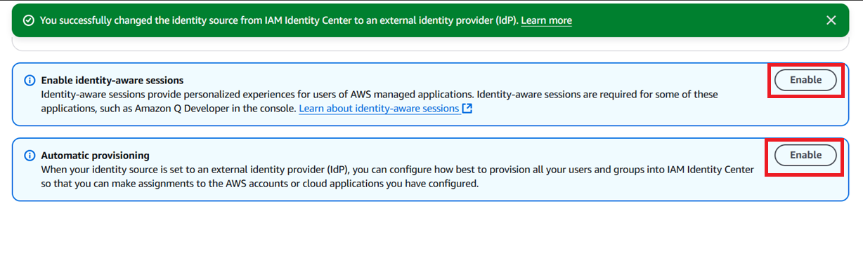 Two options are displayed for further configuration: "Enable identity-aware sessions" and "Automatic provisioning." Both options have an "Enable" button on the right-hand side, highlighted in red.