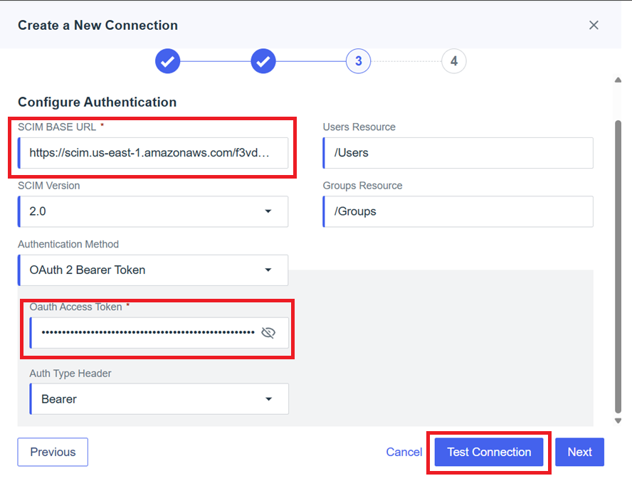 PingIdentity interface showing the "Configure Authentication" step in the "Create a New Connection" wizard. Key fields include the SCIM Base URL, SCIM Version (2.0), Authentication Method (OAuth 2 Bearer Token), OAuth Access Token (obscured), and resource paths for Users and Groups. The "Test Connection" and "Next" buttons are visible at the bottom.