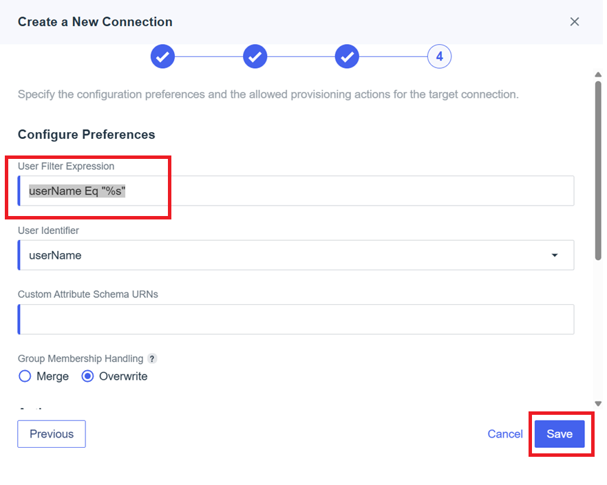 Final step in the PingIdentity "Create a New Connection" wizard showing the "Configure Preferences" screen. The highlighted fields include "User Filter Expression" with the value userName Eq "%s", "User Identifier" set to userName, and group membership handling options ("Merge" and "Overwrite" with "Overwrite" selected). A "Save" button is highlighted at the bottom right.