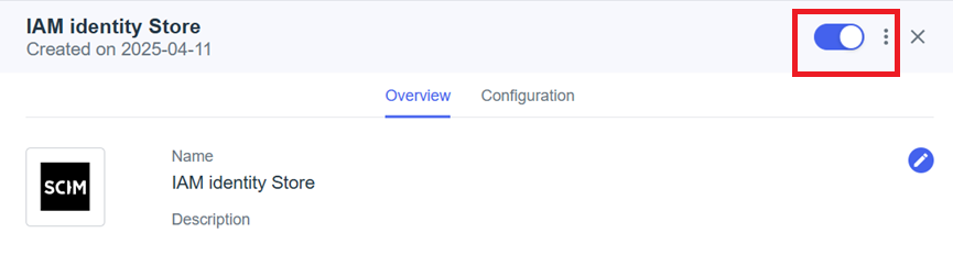 PingIdentity configuration screen showing the IAM Identity Store integration. The page displays the identity store name, and tabs for "Overview" and "Configuration." A toggle switch in the top-right corner is highlighted, indicating the integration is currently enabled.
