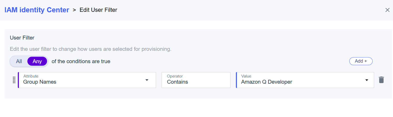 Screenshot of the "Edit User Filter" interface in IAM Identity Center. The user filter is configured to provision users who belong to a group with names that contain "Amazon Q Developer." The condition logic is set to match if "Any" of the conditions are true.