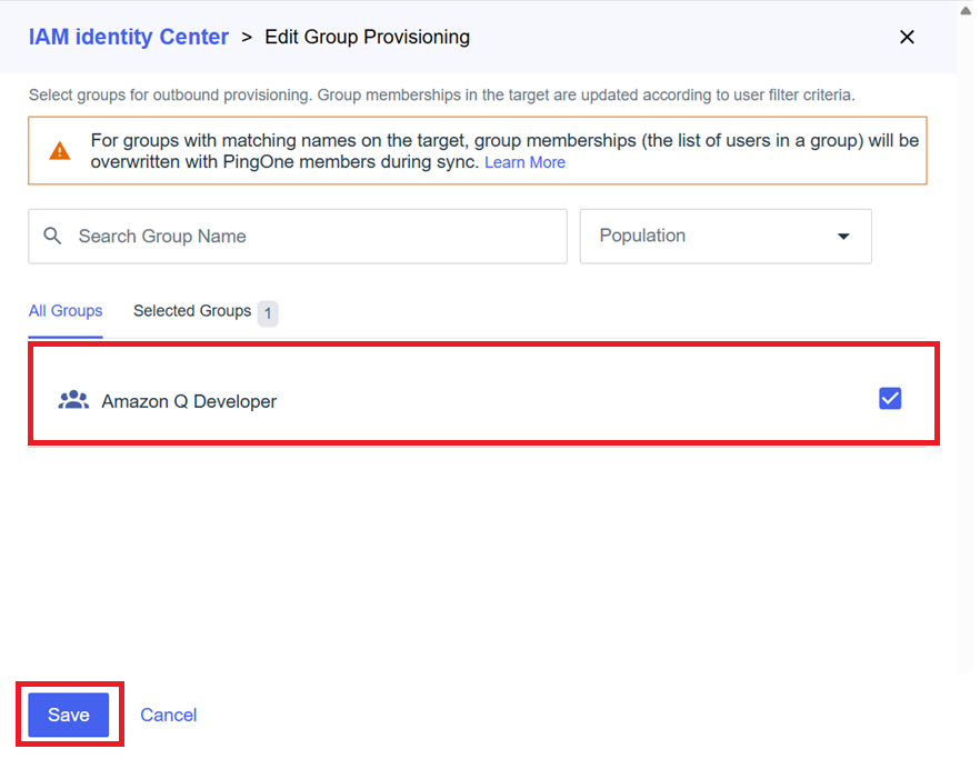 Screenshot of the "Edit Group Provisioning" screen in IAM Identity Center. The group "Amazon Q Developer" is selected for outbound provisioning. A "Save" button is highlighted in the bottom-left corner.