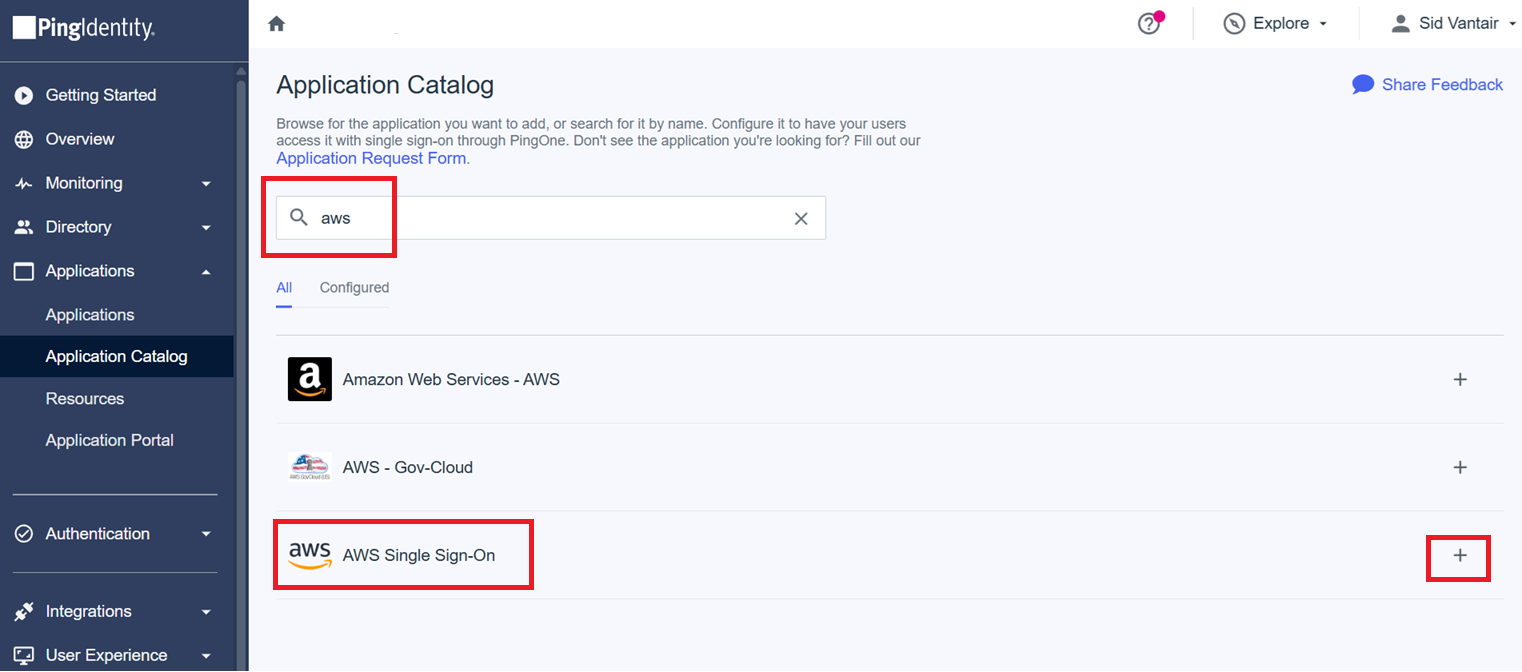 Screenshot of the PingIdentity Application Catalog interface. The search term "aws" is entered in the search bar, displaying three results: Amazon Web Services – AWS, AWS Gov-Cloud, and AWS Single Sign-On. The "AWS Single Sign-On" option is outlined with a red box and includes a plus button to add the application