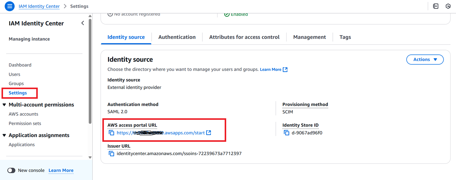 Screenshot of the IAM Identity Center settings page in the AWS Console, displaying the identity source configuration. It shows that the identity source is set to "External identity provider" with SAML 2.0 authentication and SCIM provisioning. The highlighted section includes the AWS access portal URL and the Identity Store ID. The "Settings" tab is selected in the left navigation pane.