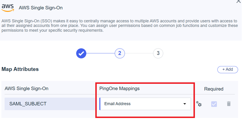 Screenshot of the AWS Single Sign-On configuration in PingIdentity. The screen shows Step 2 of the setup process where the SAML attribute SAML_SUBJECT is mapped to the PingOne attribute "Email Address". A red box highlights the mapping section under "PingOne Mappings".