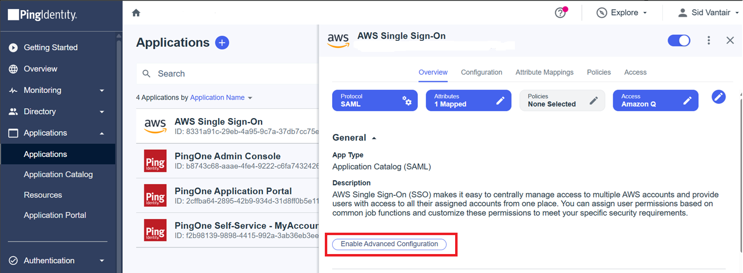 Screenshot of the PingIdentity Applications dashboard showing the AWS Single Sign-On application selected. The overview panel displays key configuration sections including protocol (SAML), mapped attributes, selected policies, and access group (Amazon Q). The option "Enable Advanced Configuration" is highlighted near the bottom of the panel.