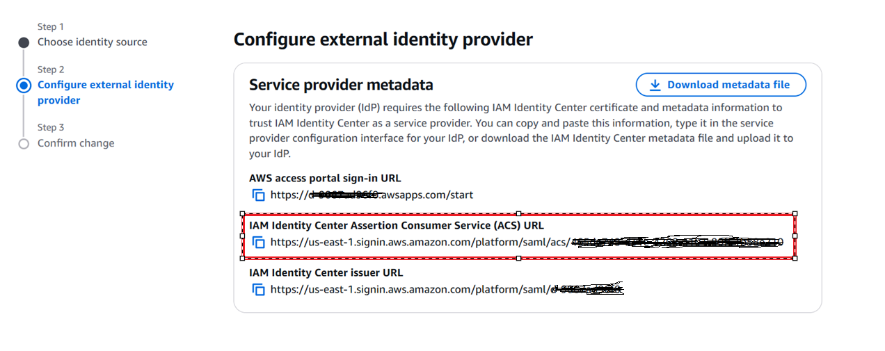 Screenshot of the "Configure external identity provider" step in the AWS IAM Identity Center setup process. The screen displays service provider metadata including the AWS access portal sign-in URL, IAM Identity Center Assertion Consumer Service (ACS) URL (highlighted with a red box), and IAM Identity Center issuer URL. A button labeled "Download metadata file" is shown in the upper right.