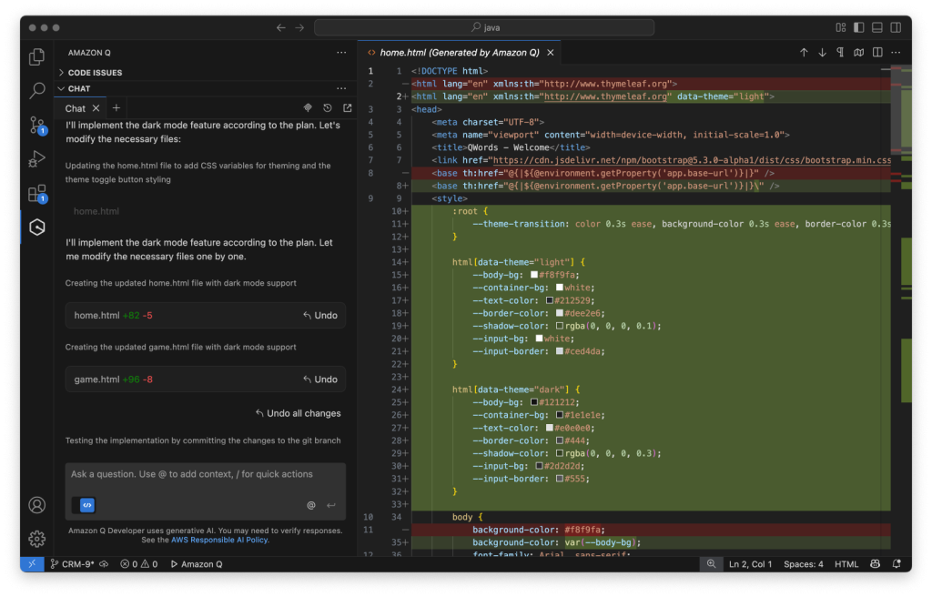 The diff view of changes by Q Developer to implement a dark mode feature in HTML and CSS 
