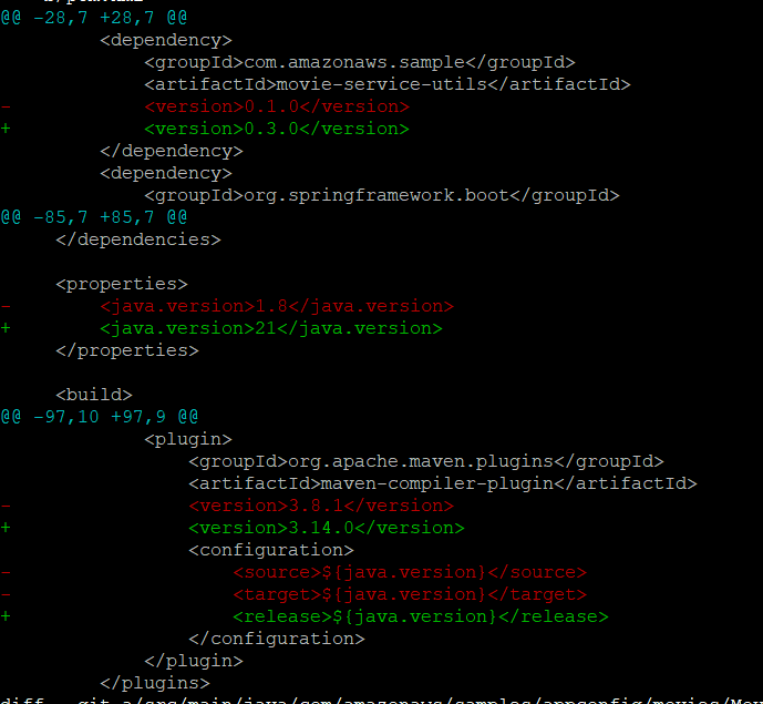 Fig 1 part of pom.xml changes after transformation from 8 to 21