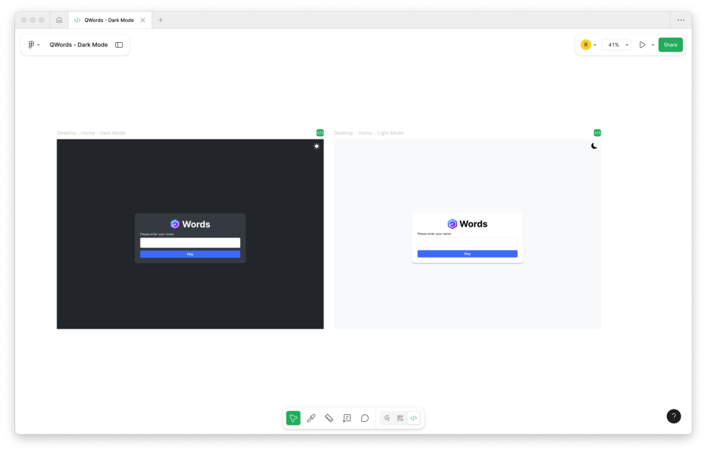 Figma design showing dark and light mode interfaces for a QWords game application