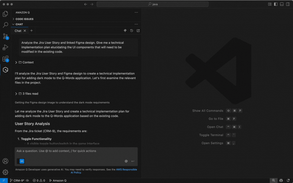 Prompt Q Developer to help you analyze changes in existing code to implement the new UI