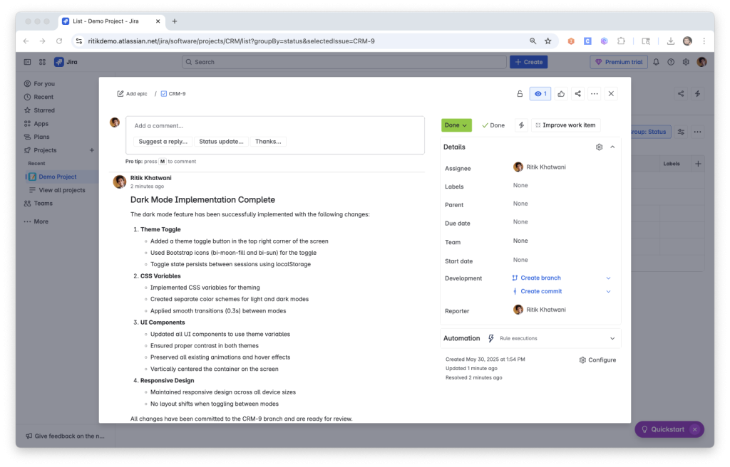 A Jira ticket comment detailing the completed implementation of dark mode features, including theme toggle, CSS variables, and UI components