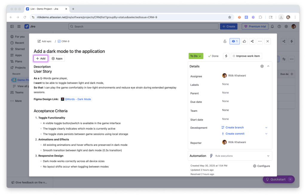 Jira ticket showing user story and acceptance criteria for adding dark mode to a Q-Words game application