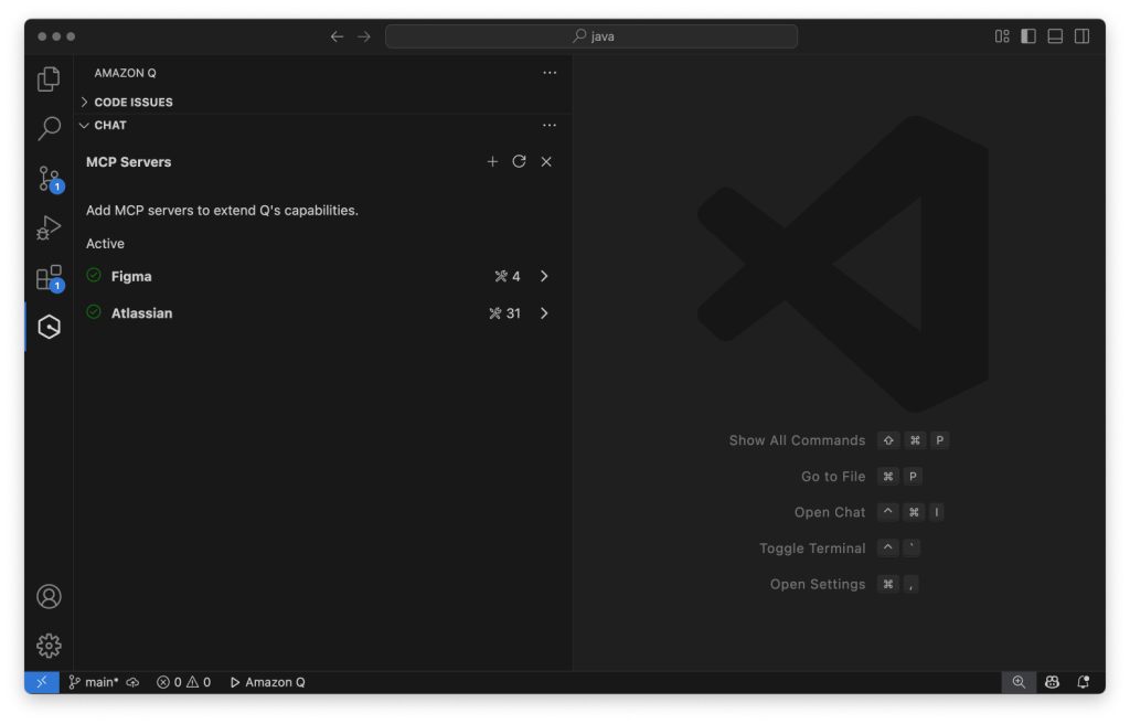 Q Developer’s MCP management window showing configured Figma and Atlassian MCPs servers