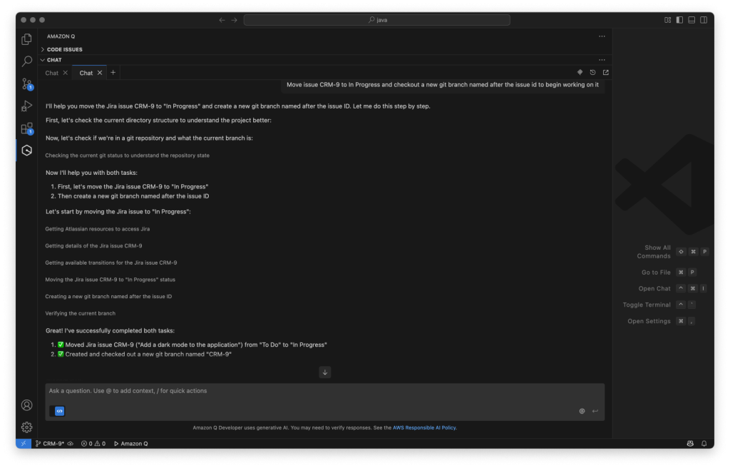 Prompt Q Developer to begin working on an assigned issue