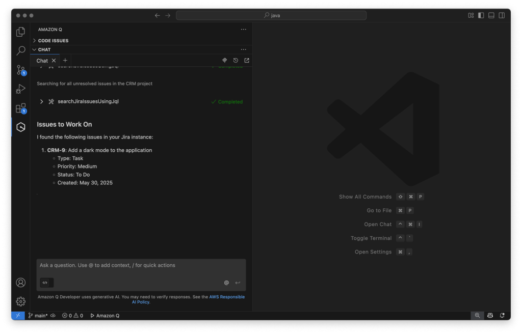 Q Developer retrieves and describes issues assigned to me in Jira using the Atlassian MCP server