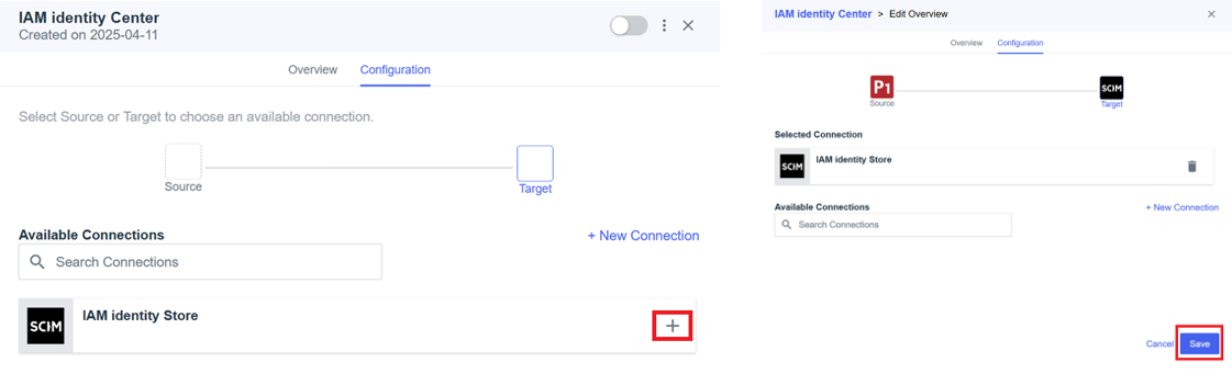 Alt Text: Screenshots showing the final steps in connecting the IAM Identity Center to the IAM identity store using PingIdentity. The first image shows the IAM Identity Store connection listed under "Available Connections" with a plus (+) icon to initiate the link. The second image shows the selected connection from the PingOne Directory (P1) as the source and IAM identity store (SCIM) as the target, with the option to "Save" the configuration.