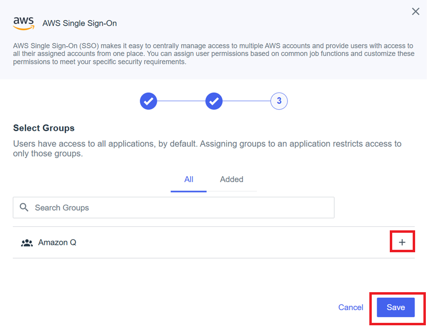 Screenshot of Step 3 in the AWS Single Sign-On setup process in PingIdentity. The screen shows the group selection interface where the "Amazon Q" group is listed. A plus icon is shown next to the group to add it, and a blue "Save" button is highlighted in the bottom-right corner to confirm the configuration.