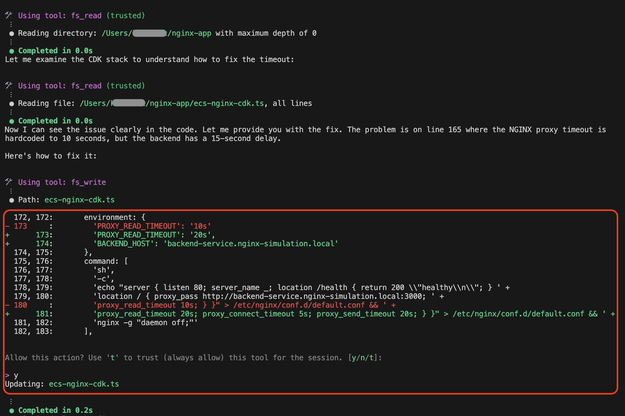 A terminal window showing file operations using fs_read and fs_write tools. The code changes show an NGINX configuration update in ecs-nginx-cdk.ts, where the proxy_read_timeout is being modified from '10s' to '20s'. The file also shows additional timeout configurations being added, including proxy_connect_timeout and proxy_send_timeout. The update is confirmed with a user prompt and completed in 0.2 seconds.