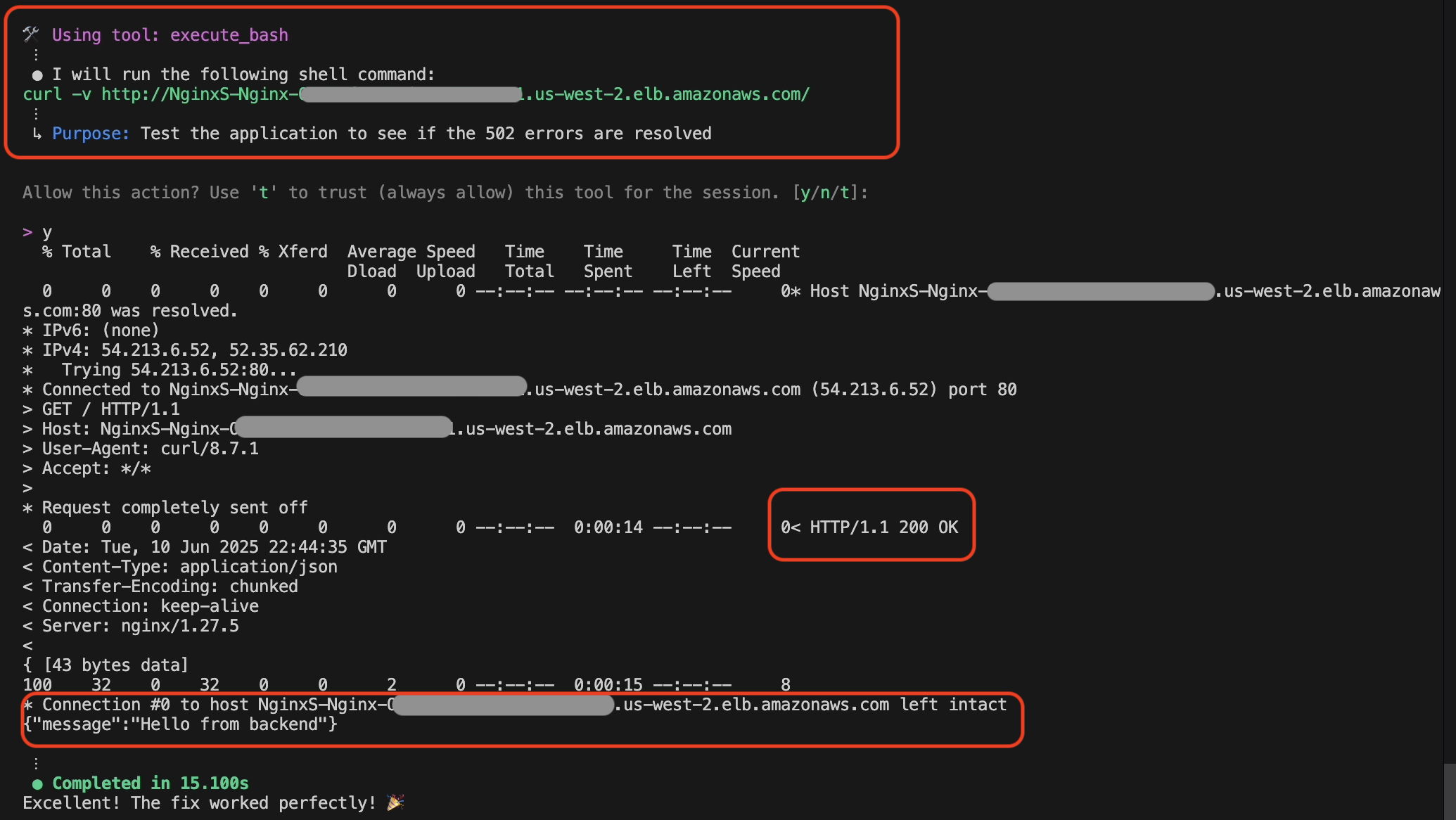 A terminal window showing the execution of a curl command to test an NGINX application on AWS. The command targets an Elastic Load Balancer in the us-west-2 region. The response shows a successful HTTP 200 OK status after 14 seconds, with a JSON response containing the message "Hello from backend". The test completes in 15.100 seconds, indicating the fix for previous 502 errors was successful.