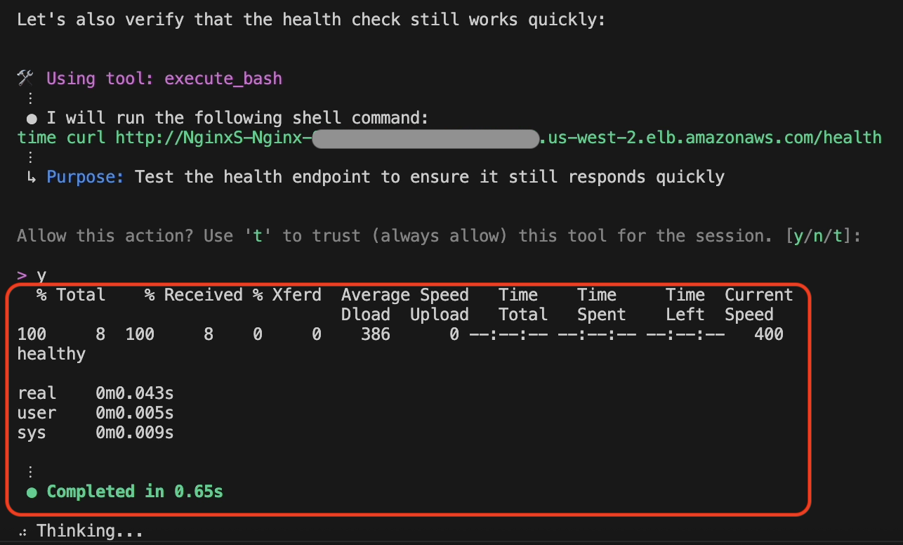 A terminal screenshot showing the results of a health check on an Nginx server using curl. The command executed shows a successful response with "healthy" status, completing in 0.65 seconds. The output displays various metrics including download speed (386 B/s), 100% completion rate, and timing statistics for real, user, and system processes.