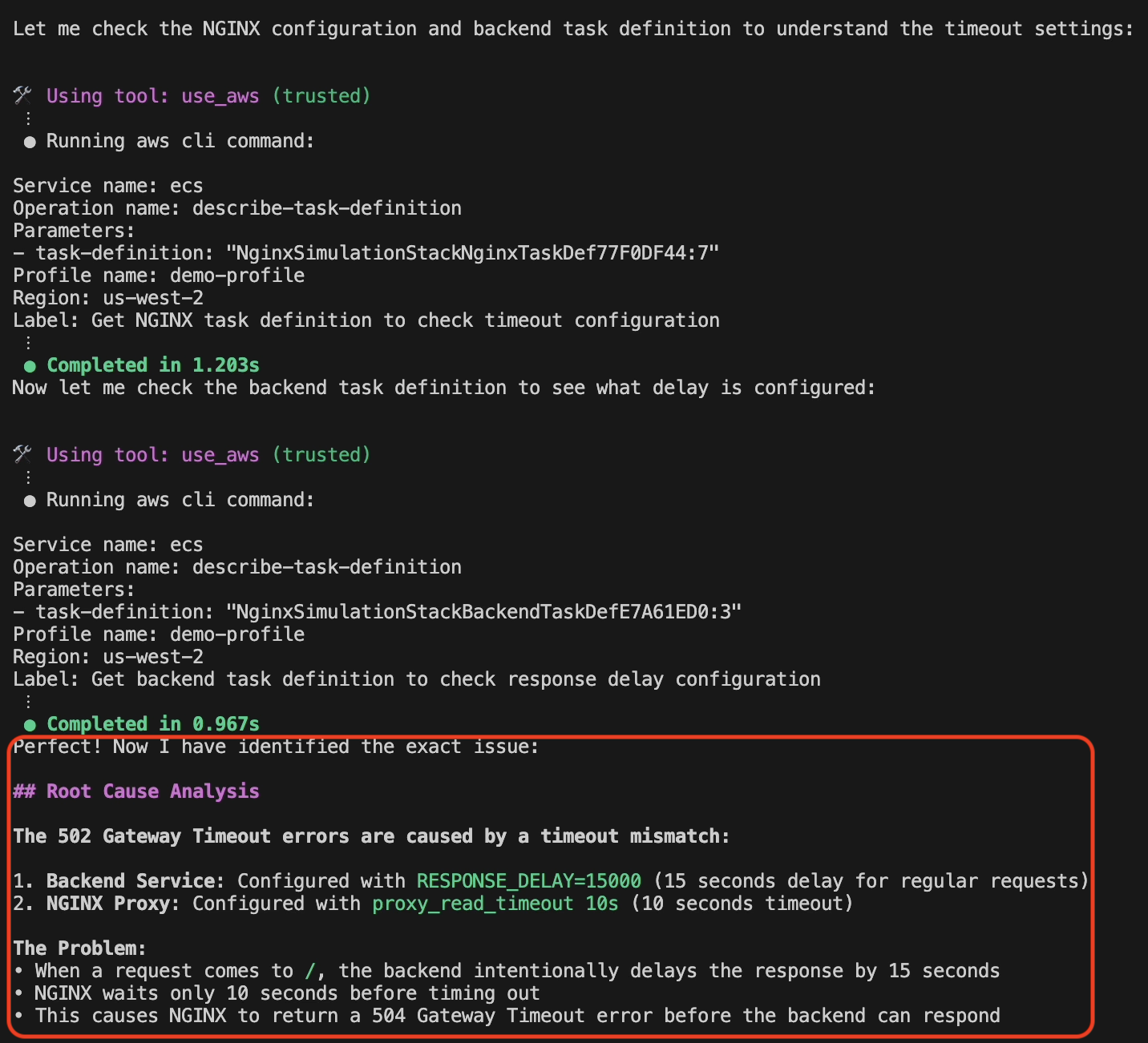 A terminal window showing two AWS CLI commands to describe ECS task definitions in the us-west-2 region. Below the commands is a highlighted "Root Cause Analysis" section that explains a timeout mismatch: the backend service is configured with a 15-second response delay while NGINX has a 10-second proxy timeout, resulting in 502 Gateway Timeout errors. Both commands use a demo-profile and are labeled as checking timeout and response delay configurations.