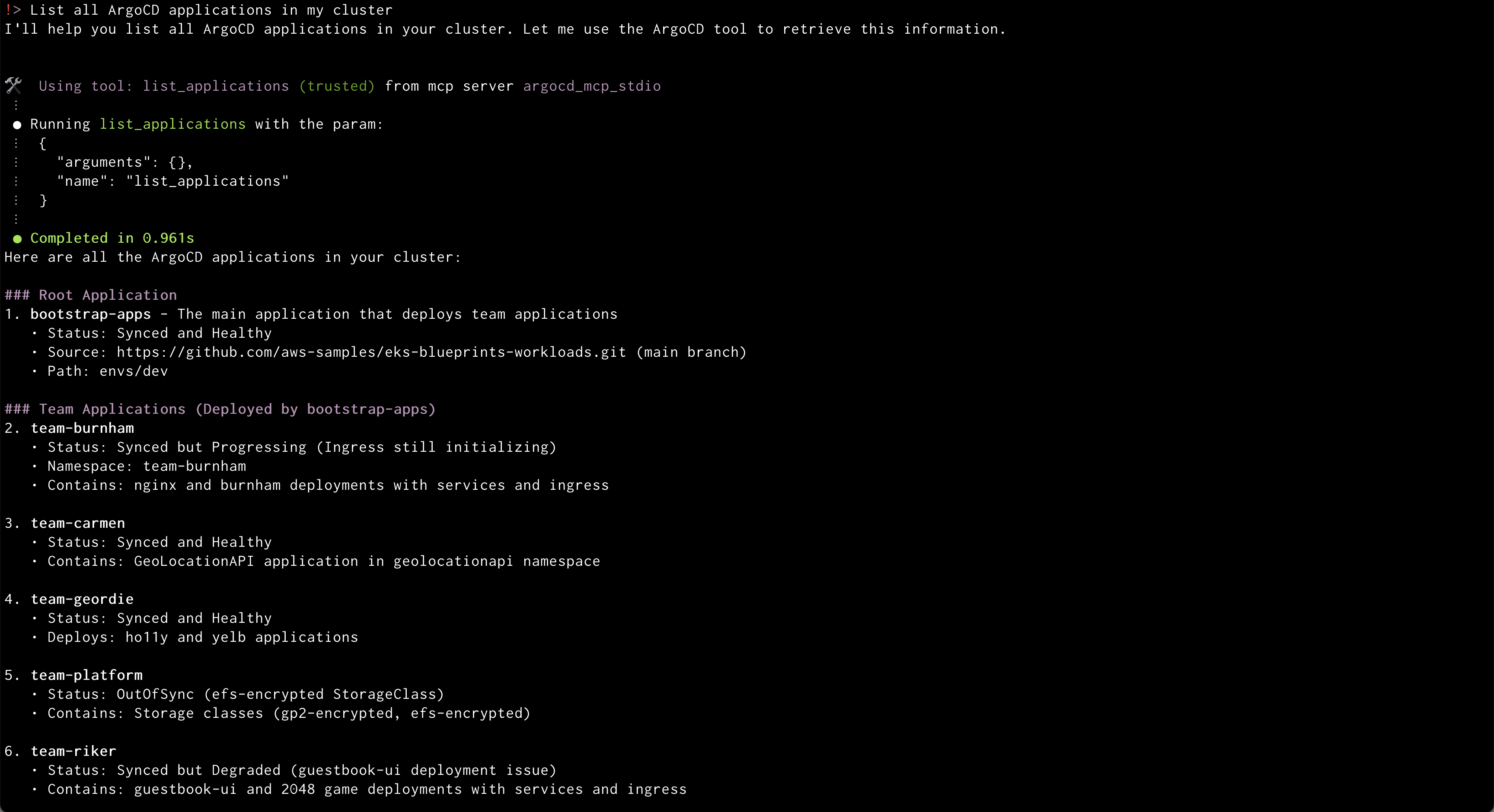 Amazon Q listing all ArgoCD applications in my cluster