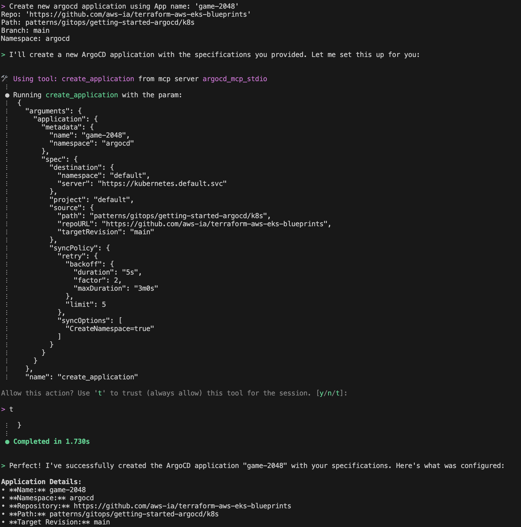 Amazon Q creating new argocd application using MCP Server