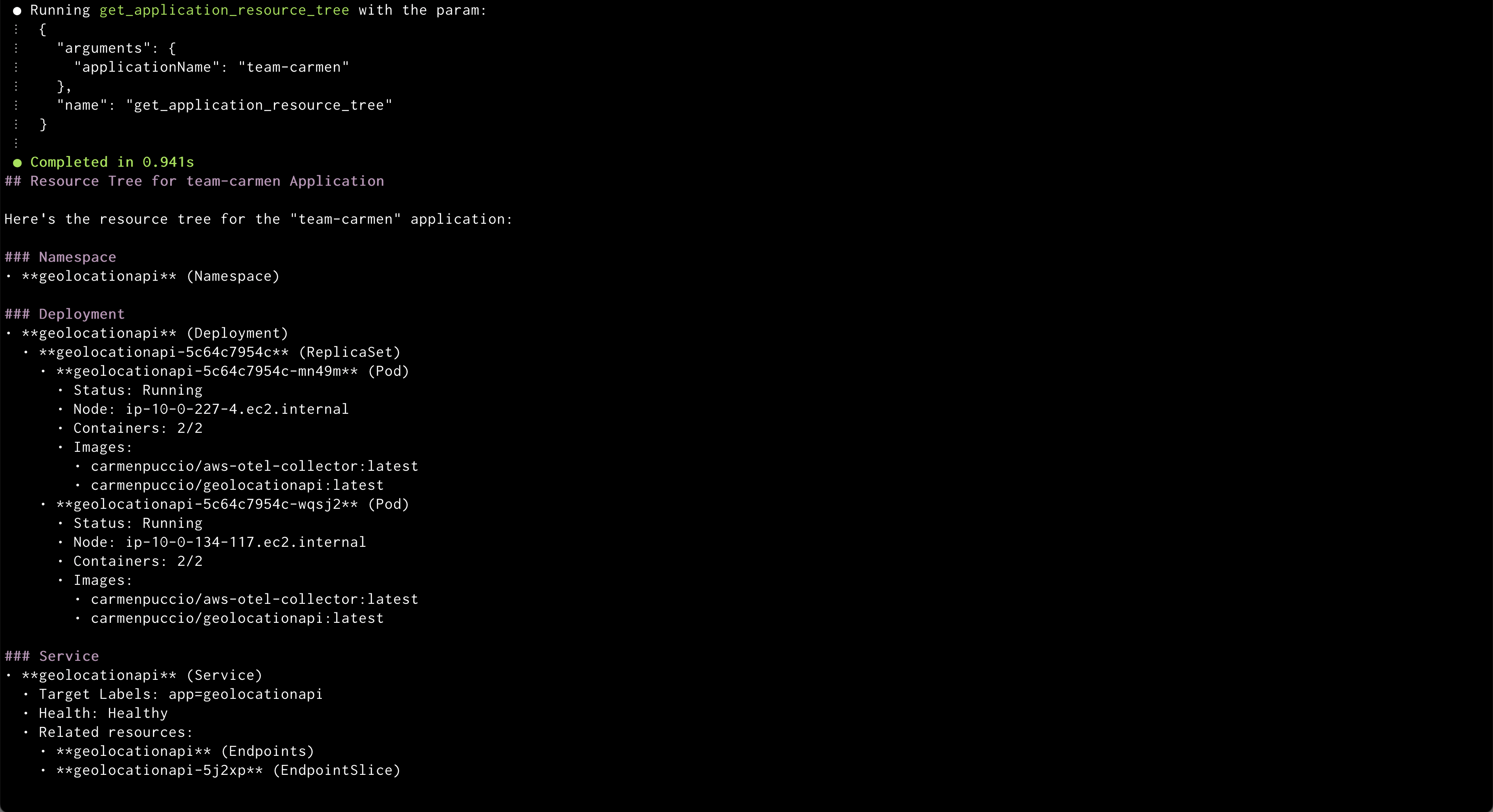 Amazon Q showing Resource tree of argocd application