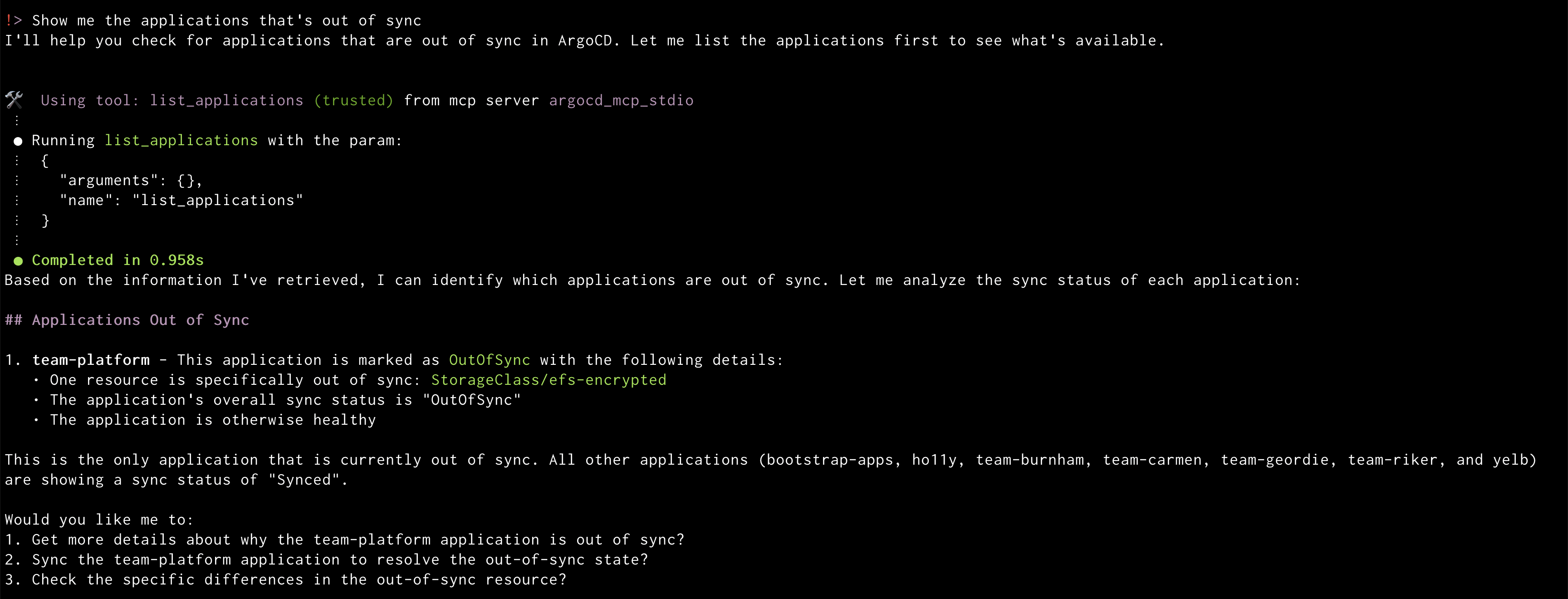 Amazon Q showing argocd out of sync applications