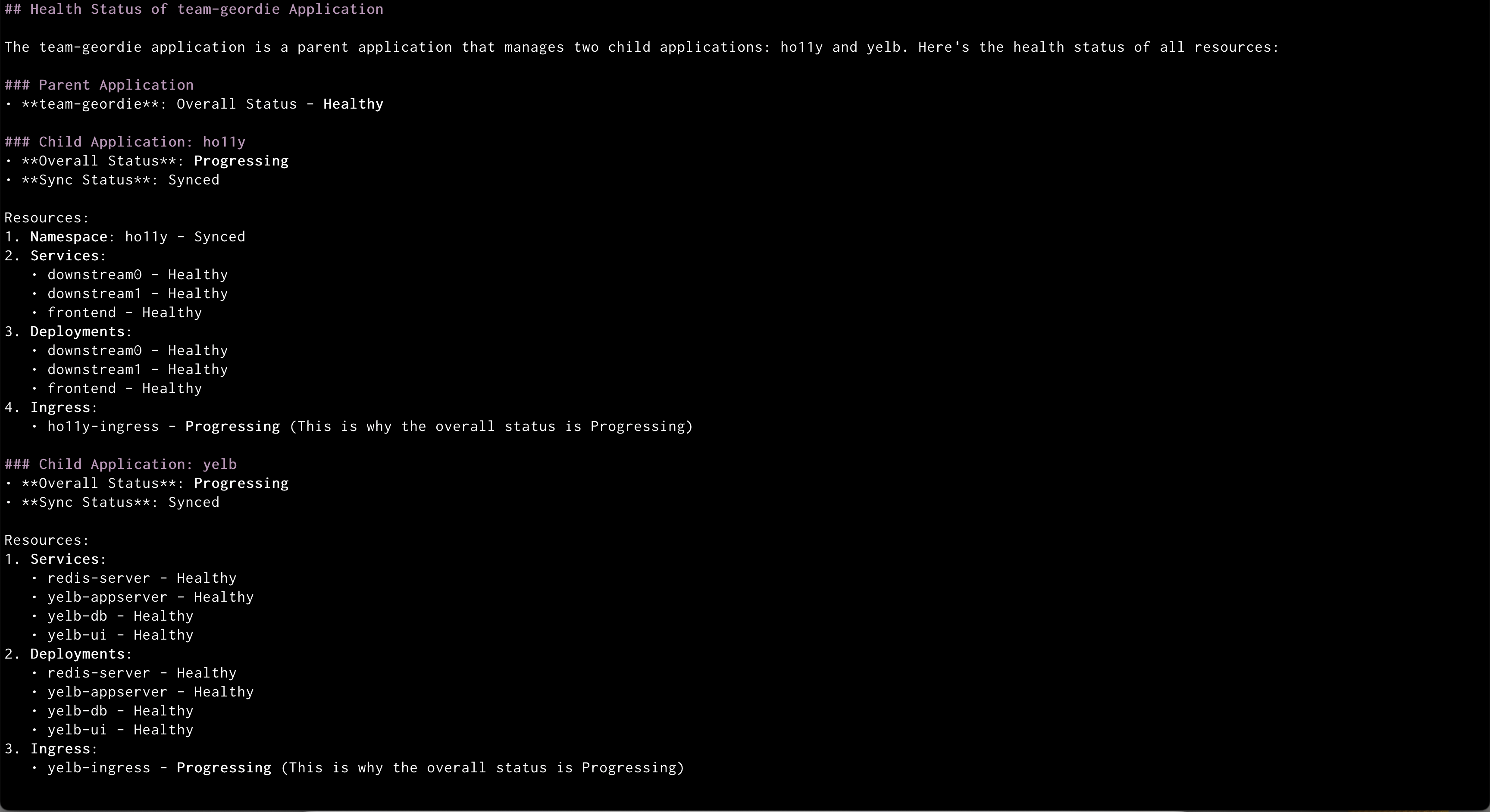 Amazon Q showing health status of all the resources in an application